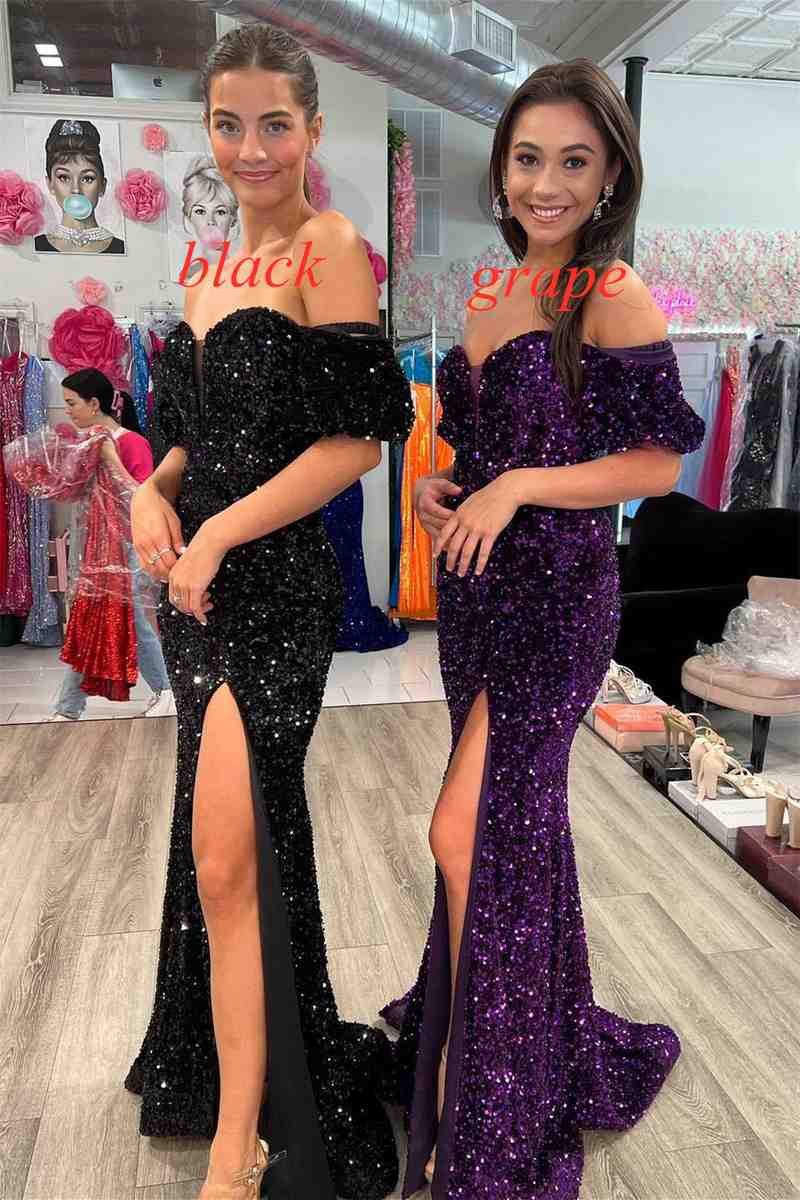 Red Puff Sleeves Sequined Long Party Dress with Side Slit