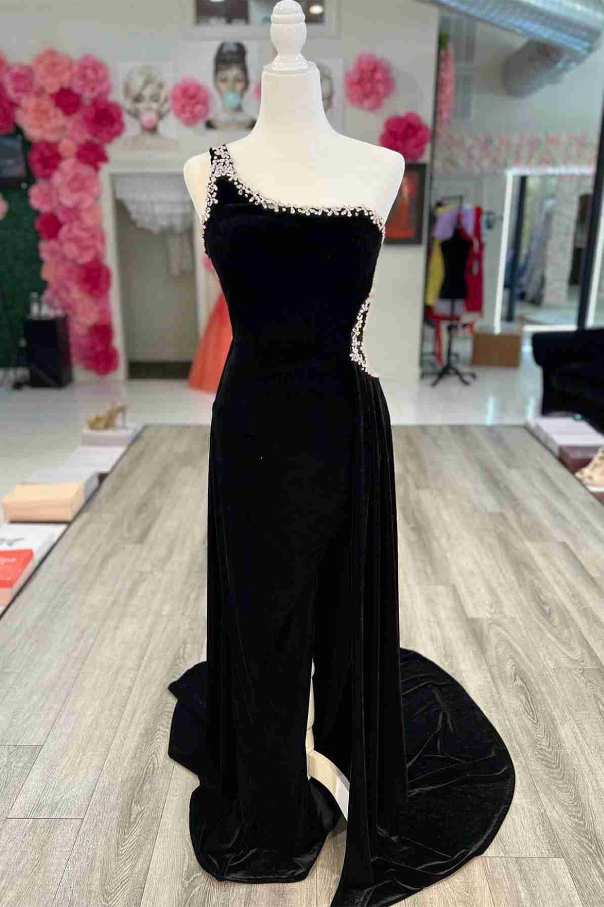 Beaded One Shoulder Black Velvet Long Formal Dress FancyVestido Beaded One Shoulder Black Velvet Long Formal Dress FancyVestido