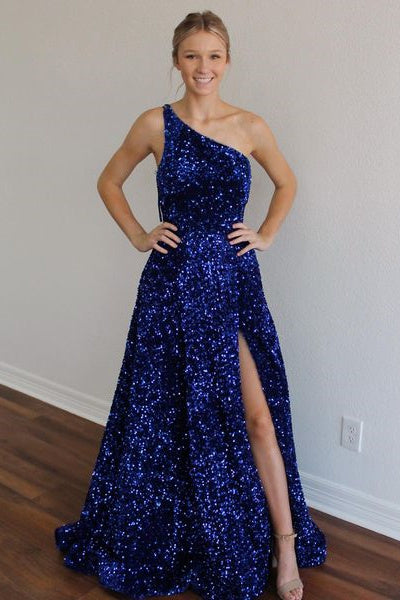 Royal Blue A-Line One Shoulder Sequined Long Party Dress FancyVestido Royal Blue A-Line One Shoulder Sequined Long Party Dress FancyVestido