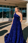 Royal Blue A-Line One Shoulder Sequined Long Party Dress