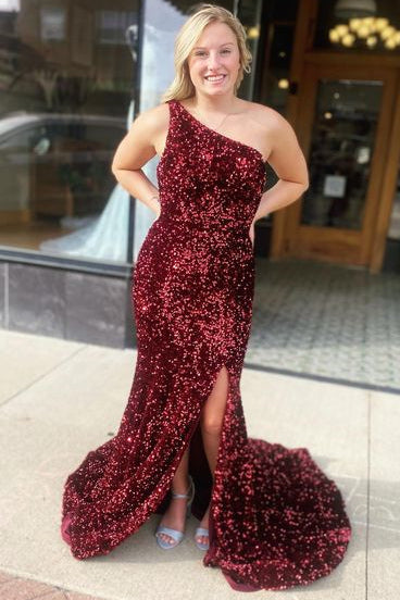 Backless Burgundy One Shoulder Side Slit Long Formal Dress