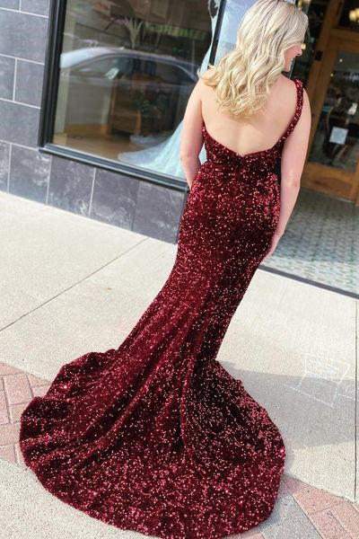 Backless Burgundy One Shoulder Side Slit Long Formal Dress