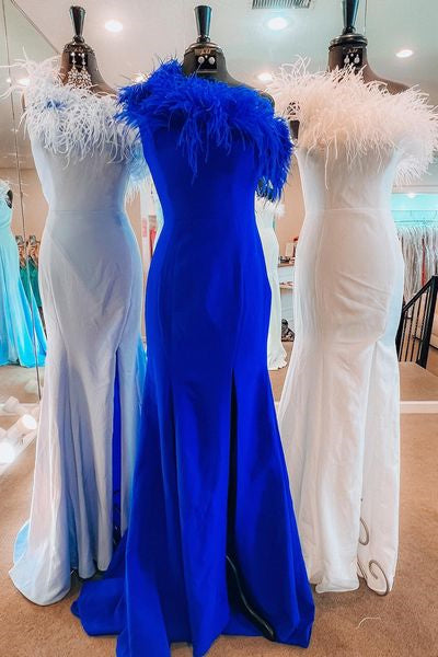 One Shoulder Feathers Long Side Slit Prom Dress