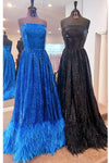A-Line Strapless Sequined Long Formal Dress with Feather Hem