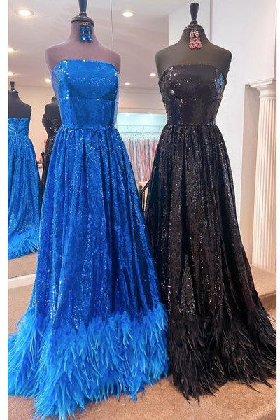 Feather Floor Length Blue A-Line Strapless Prom Dress