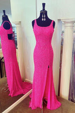 Lace-Up Square Neck Hot Pink Sequined Long Party Dress