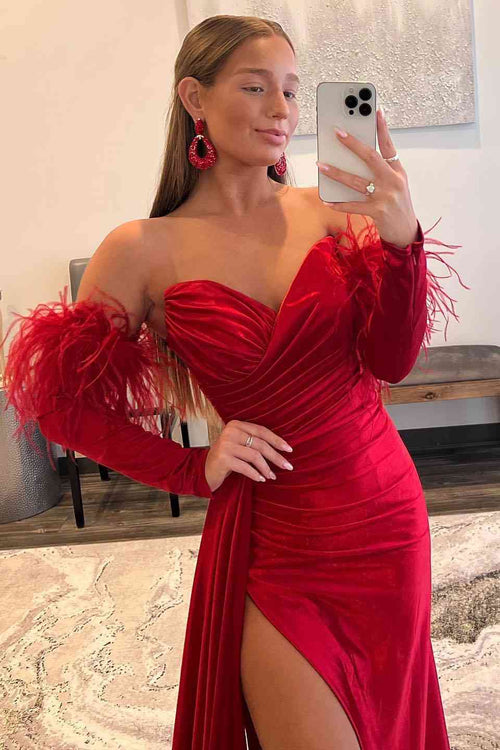 Sweetheart Pleated Red Formal Dress with Detachable Sleeves