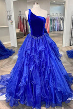 Ruffle One Shoulder Royal Blue Velvet Top Long Formal Dress