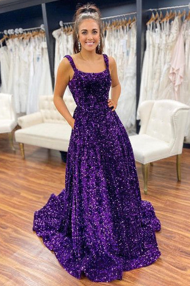Straps Grape Square Neck Sequins Prom Dress with Pockets FancyVestido Straps Grape Square Neck Sequins Prom Dress with Pockets FancyVestido