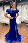 Ruffle Off the Shoulder Royal Blue Long Formal Dress with Slit