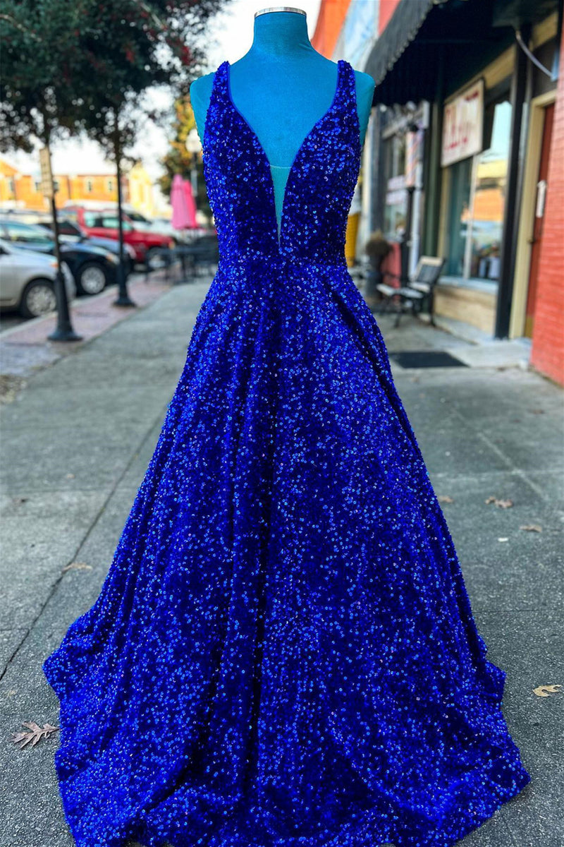 Royal Blue V Neck Lace-Up Back Sequins Long Prom Dress