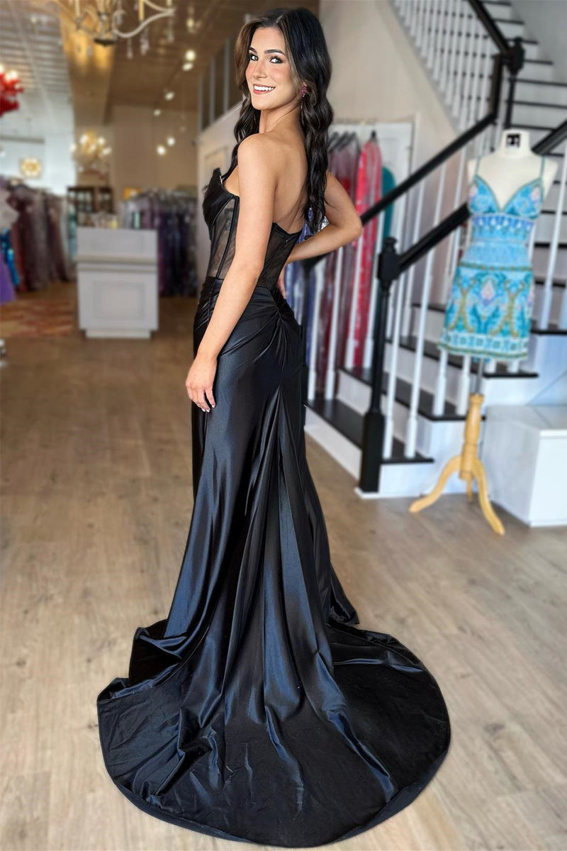 Black Strapless Pleated Boning Sheer Satin Long Prom Dress with Slit