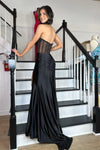 Black Strapless Pleated Boning Sheer Satin Long Prom Dress with Slit