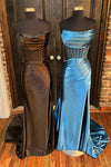 Blue Strapless Pleated Boning Sheer Satin Long Prom Dress with Slit