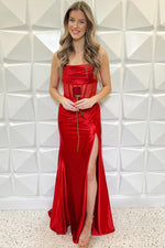 Red Strapless Pleated Boning Sheer Satin Long Prom Dress with Slit