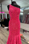 Hot Pink Mermaid One Shoulder Sequins Beaded Long Prom Dress