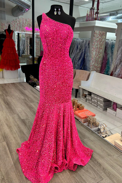 Hot Pink Mermaid One Shoulder Sequins Beaded Long Prom Dress
