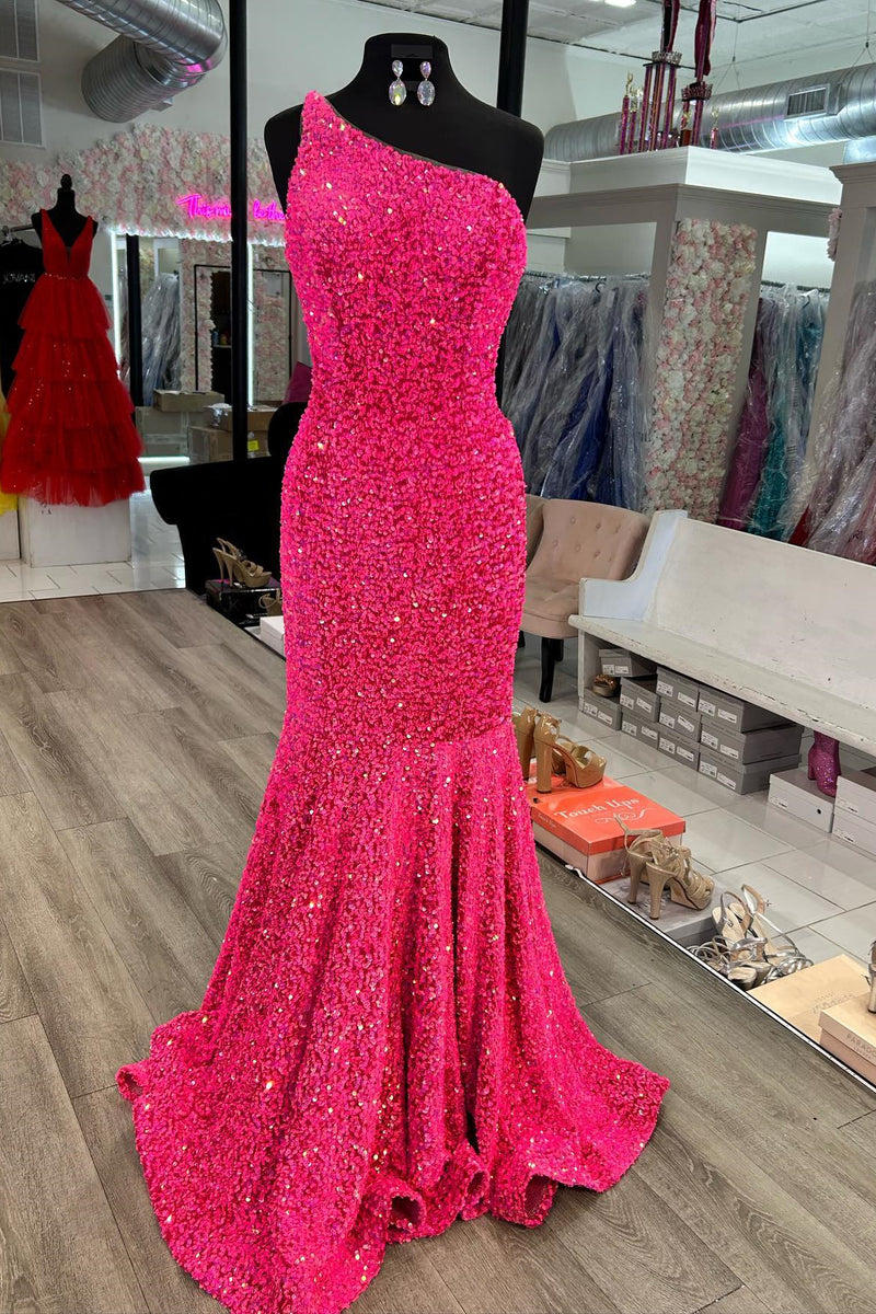 Hot Pink Mermaid One Shoulder Sequins Beaded Long Prom Dress