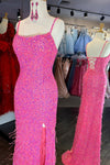 Hot Pink Mermaid Lace-Up Back Sequins Long Prom Dress with Slit