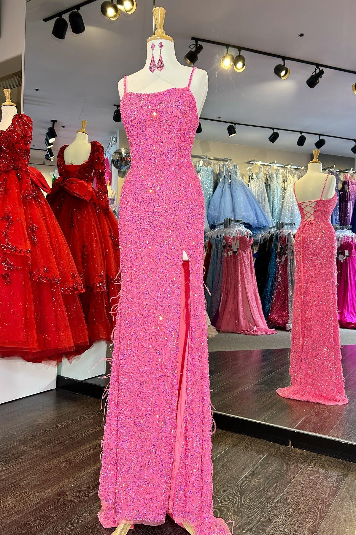 Hot Pink Mermaid Lace-Up Back Sequins Long Prom Dress with Slit