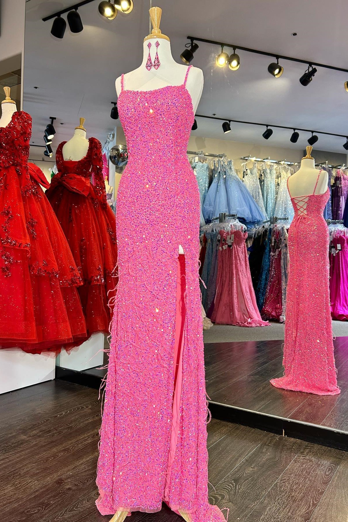 Hot Pink Fitted Sequins Slit Long Prom Dress with Feathers FancyVestido Hot Pink Fitted Sequins Slit Long Prom Dress with Feathers FancyVestido