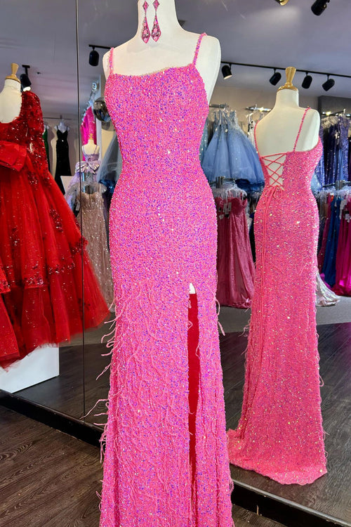 Hot Pink Mermaid Lace-Up Back Sequins Long Prom Dress with Slit