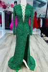 Mermaid Lace-Up Neck Long Sleeves Sequins Prom Dress with Slit