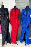 Black & Red & Royal Blue Mermaid Lace-Up Neck Long Sleeves Sequins Long Prom Dress with Slit