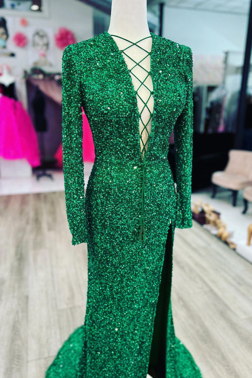 Hunter Green Mermaid Lace-Up Neck Long Sleeves Sequins Long Prom Dress with Slit
