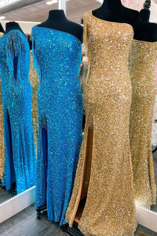 Gold & Blue Mermaid One Shoulder Sleeveless Sequins Long Prom Dress with Slit