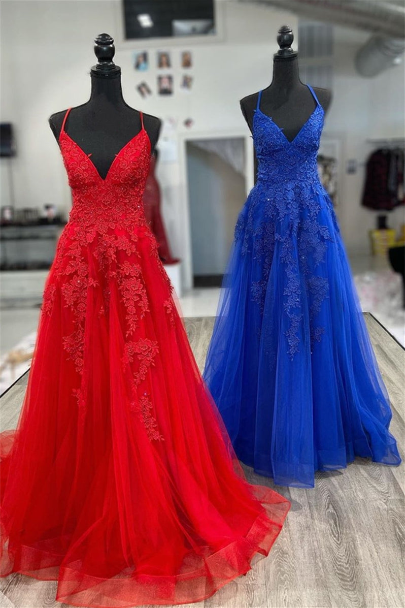 Royal Blue A-line V Neck Lace-Up Back Tulle Applique Long Prom Dress with Slit