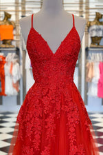 Red A-line V Neck Lace-Up Back Tulle Applique Long Prom Dress with Slit