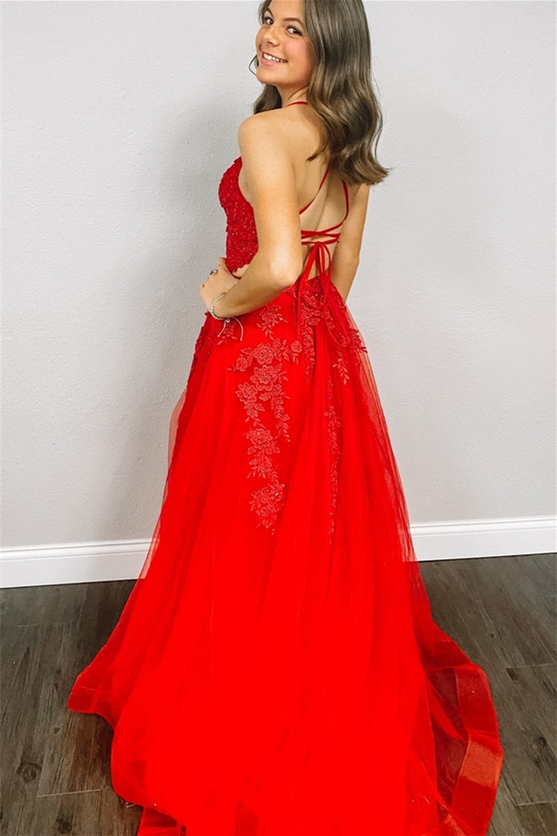 Red A-line V Neck Lace-Up Back Tulle Applique Long Prom Dress with Slit
