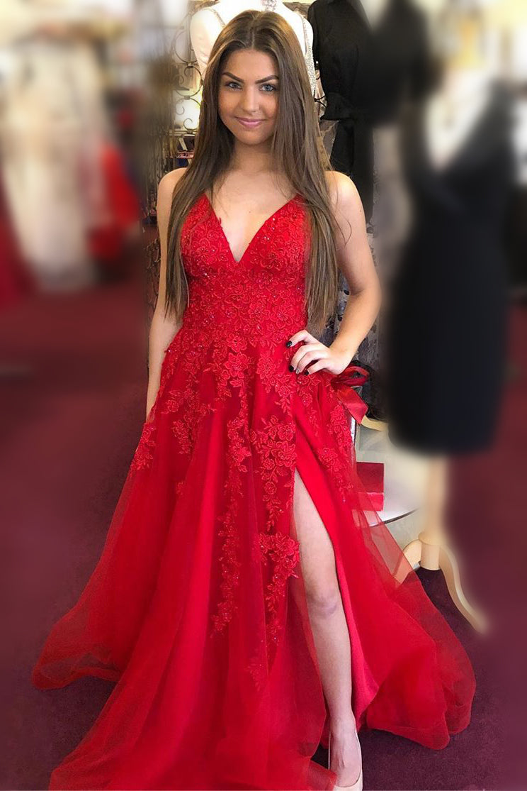A-line V Neck Red Tulle Applique Long Prom Dress with Slit
