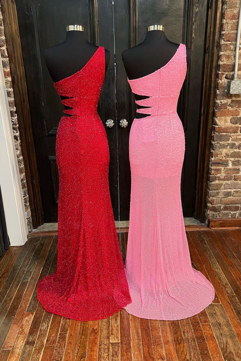 Red & Pink Mermaid One Shoulder Cut-Out Embroidery Long Prom Dress with Slit