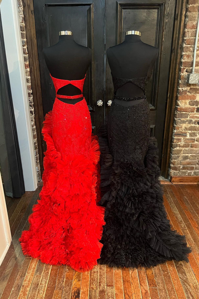 Red & Black Mermaid Strapless V Neck Cut-Out Ruffle Layers Beaded Long Prom Dress