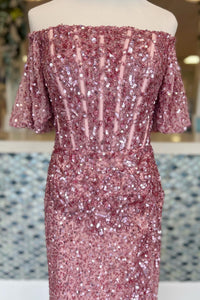 Pink Mermaid Off-the-Shoulder Sequins Long Prom Dress with Slit