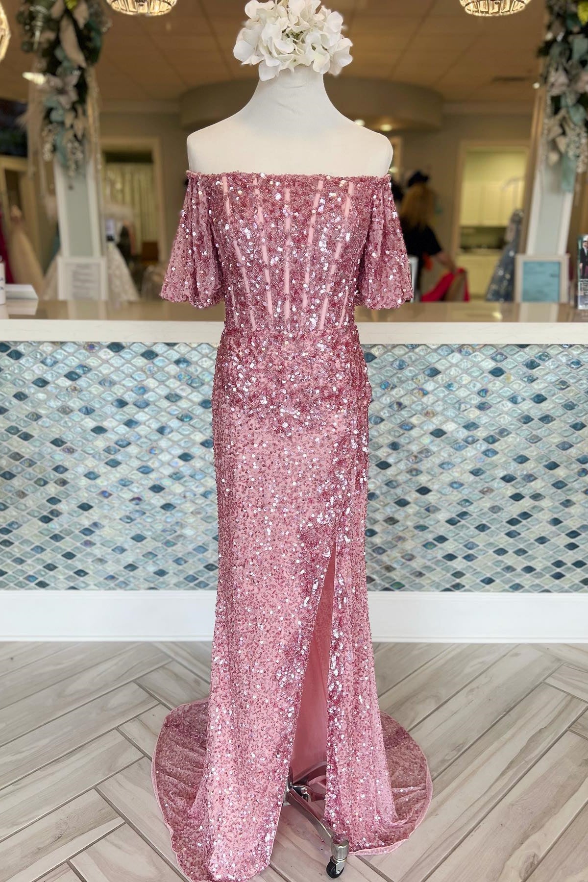 Pink Mermaid Off-the-Shoulder Sequins Long Prom Dress with Slit