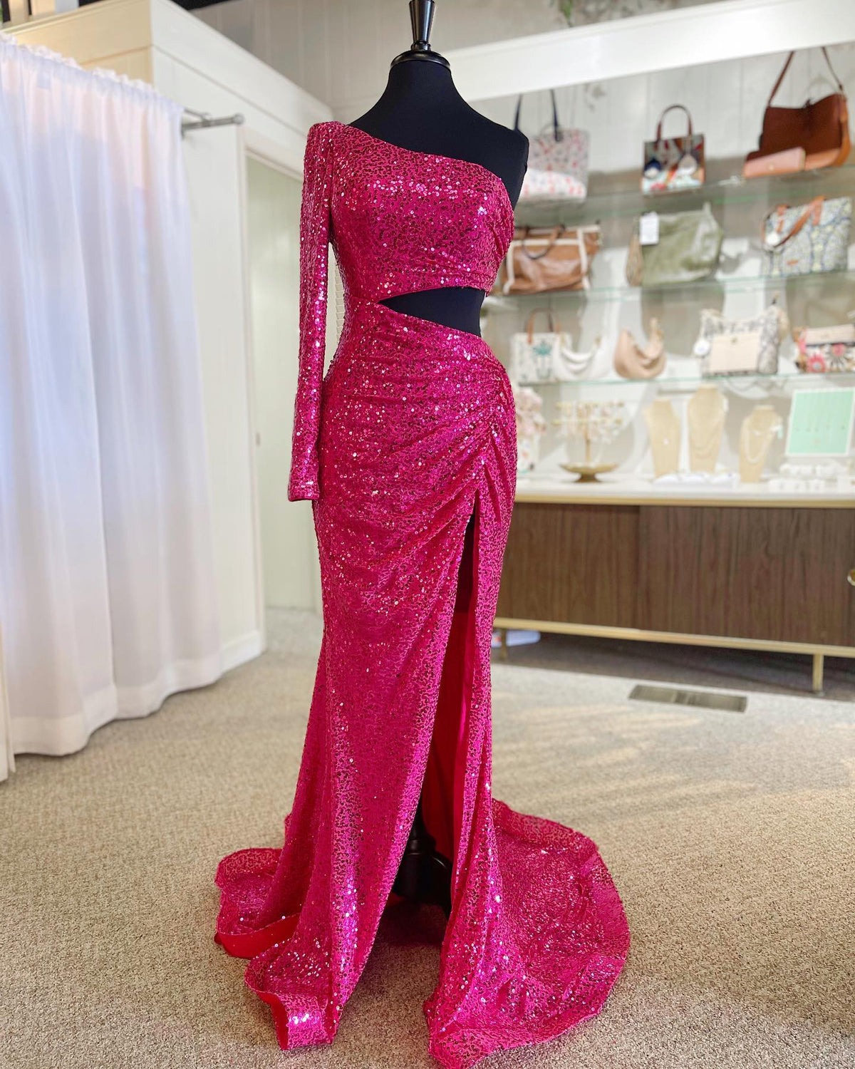 Fuchsia One Shoulder Long Sleeves Cut-Out Sequins Long Prom Dress with Slit