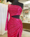 Fuchsia One Shoulder Long Sleeves Cut-Out Sequins Long Prom Dress with Slit