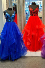Royal Blue & Red A-line V Neck Mirror-Cut Sequins Ruffle Layers Long Prom Dress