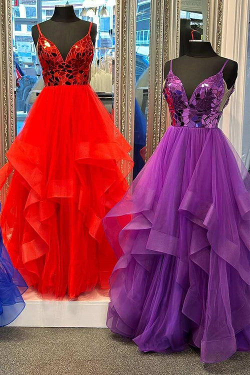 Red & Purple A-line V Neck Mirror-Cut Sequins Ruffle Layers Long Prom Dress