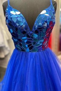 Royal Blue A-line V Neck Mirror-Cut Sequins Ruffle Layers Long Prom Dress