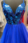 Royal Blue A-line V Neck Mirror-Cut Sequins Ruffle Layers Long Prom Dress