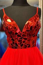 Red A-line V Neck Mirror-Cut Sequins Ruffle Layers Long Prom Dress