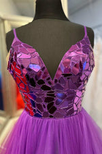 Purple A-line V Neck Mirror-Cut Sequins Ruffle Layers Long Prom Dress