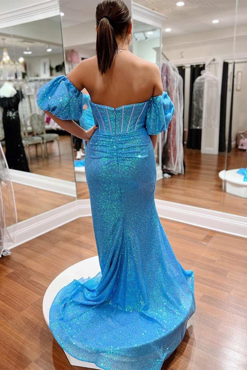 Blue Mermaid Strapless V Neck Sequins Long Prom Dress with Detachable Sleeves