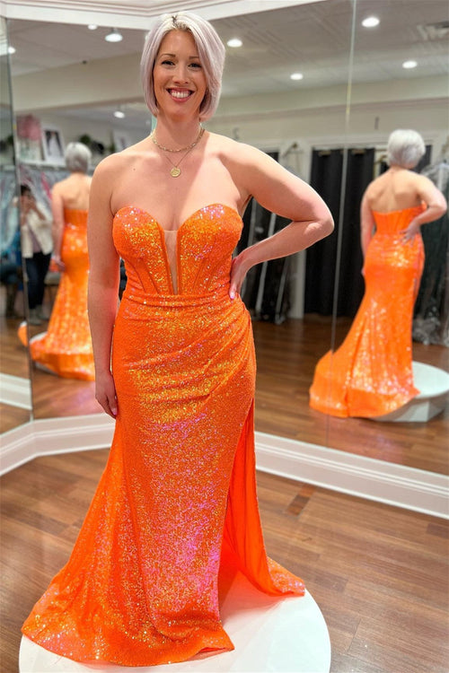 Orange Mermaid Strapless V Neck Sequins Long Prom Dress with Detachable Sleeves