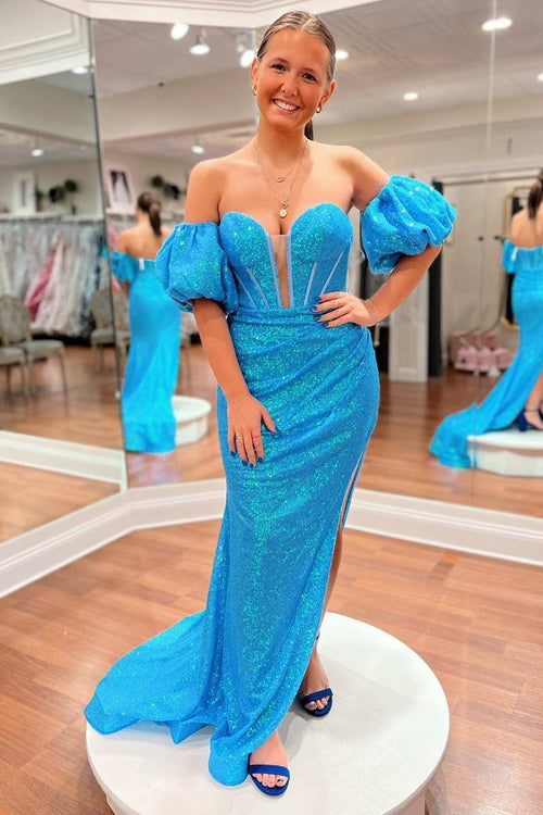 Blue Mermaid Strapless V Neck Sequins Long Prom Dress with Detachable Sleeves