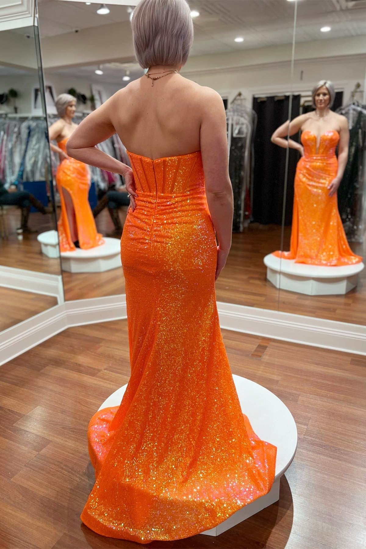 Orange Mermaid Strapless V Neck Sequins Long Prom Dress with Detachable Sleeves